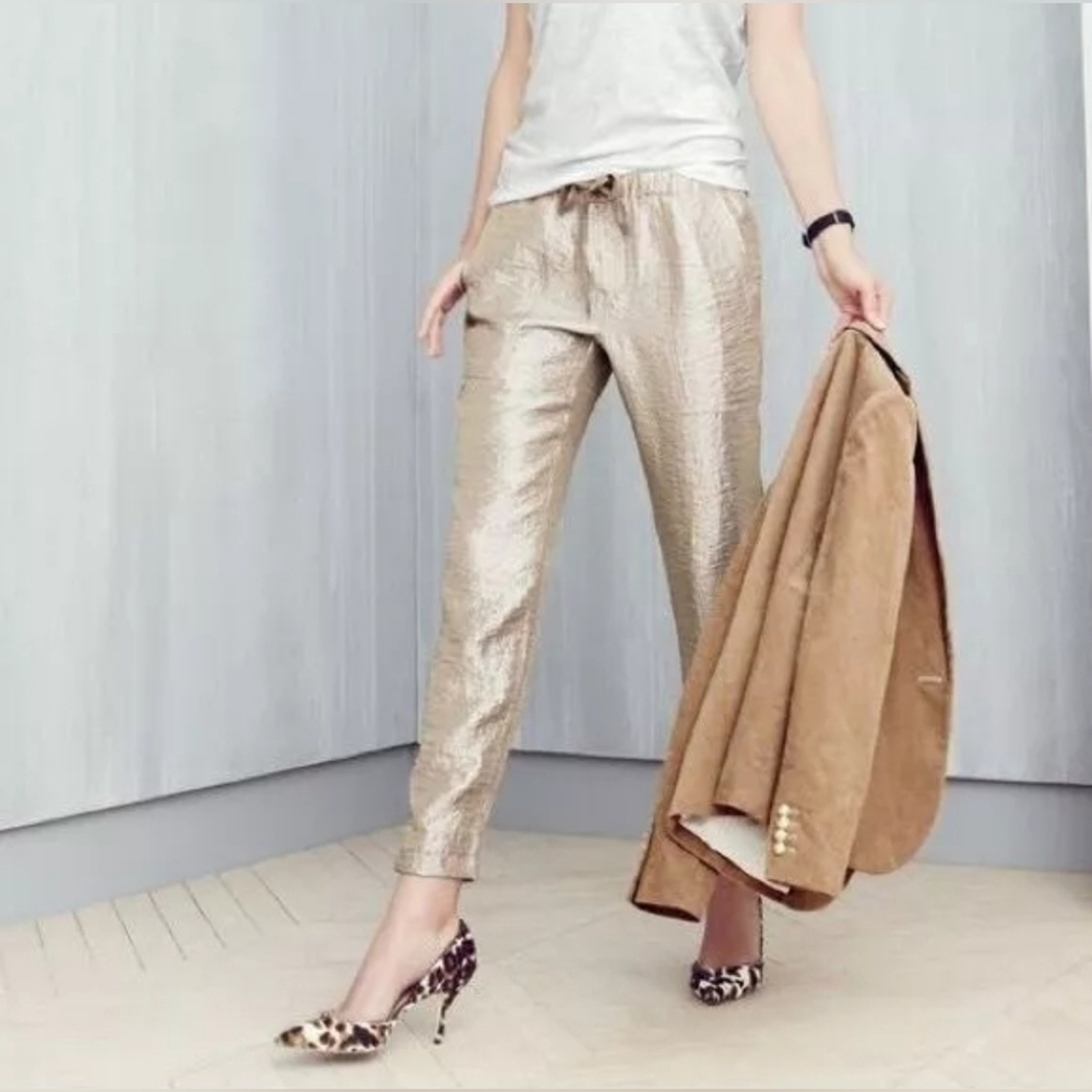 J. Crew Mid Rise Gold Metallic Joggers Pants Size 10 Waist 17 Flat Inseam